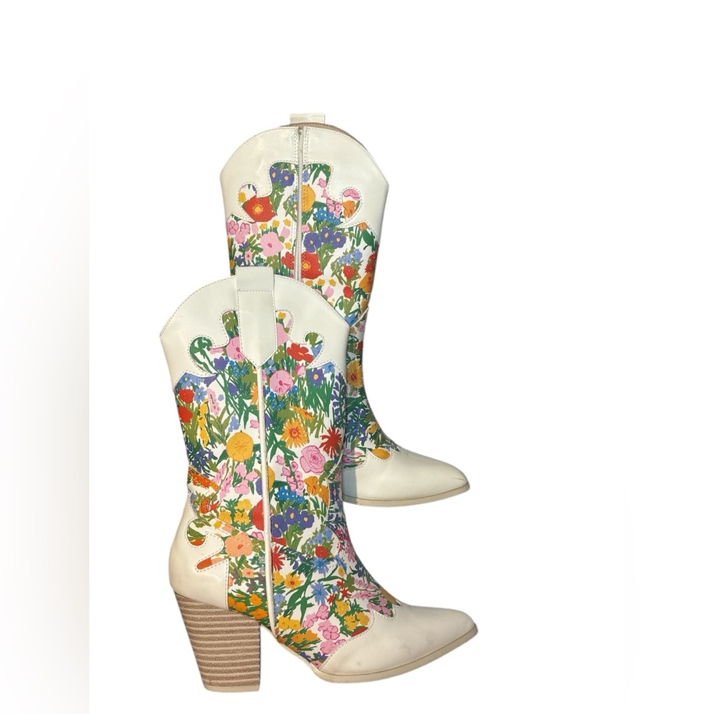 Used Floral Print Western Boots - White